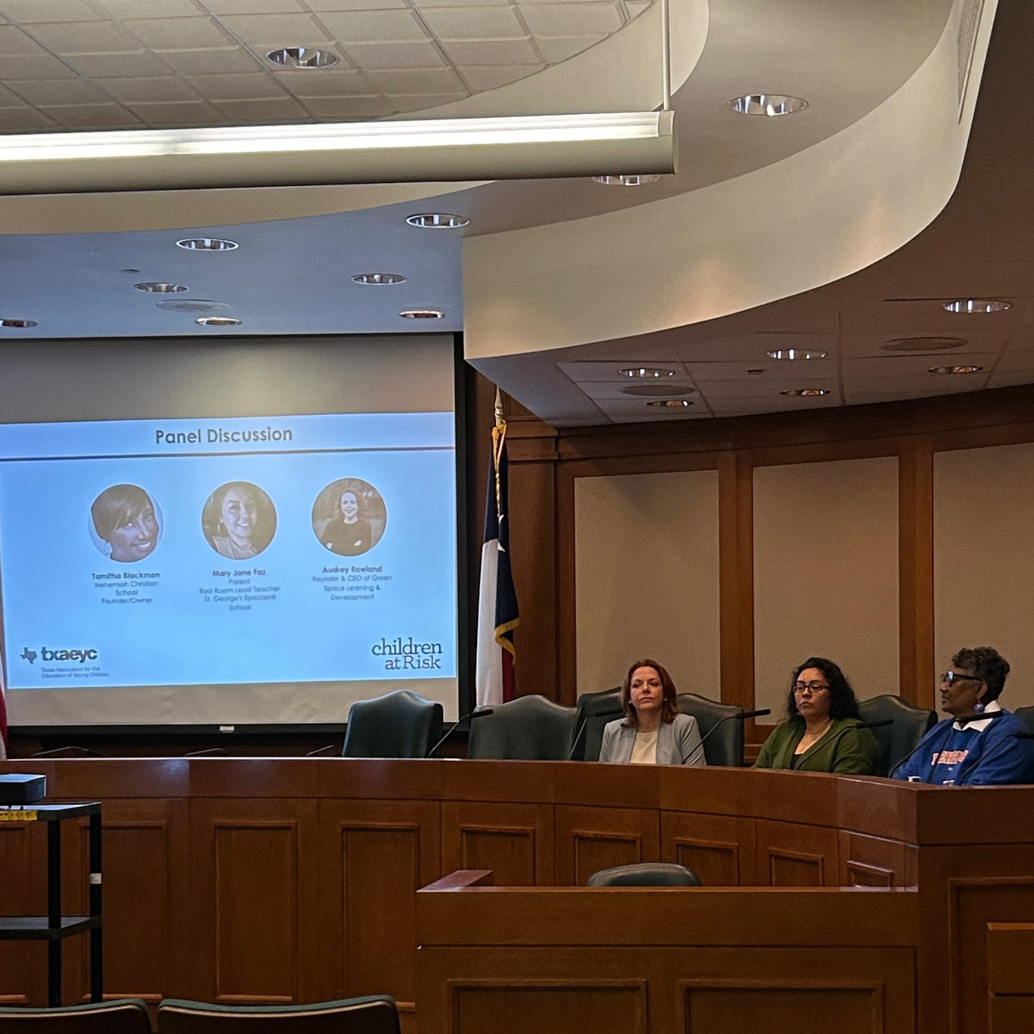 Panel discussion featuring speakers from Texas AEYC and children at risk, with a presentation in the background.